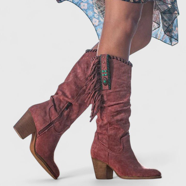 Women's Suede Western Fringe Knee-High Boots - Red