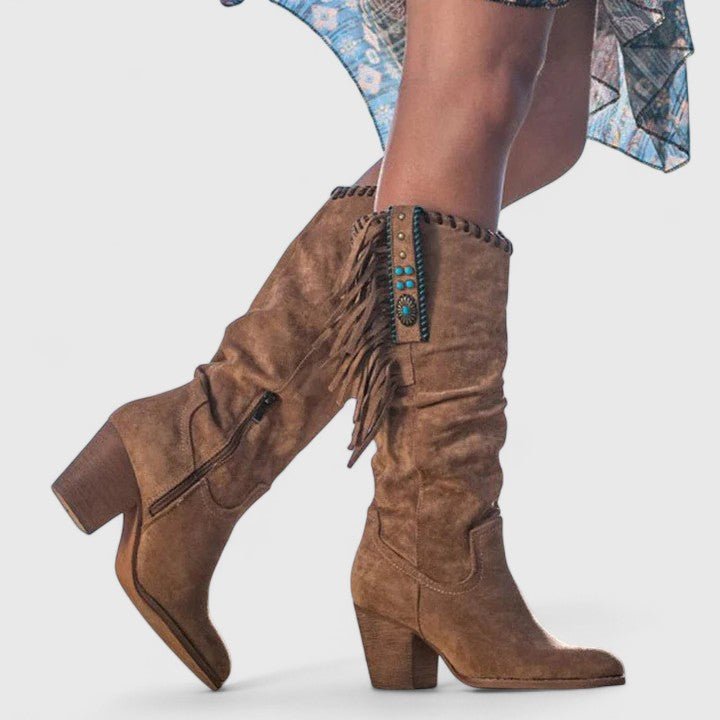 Women's Suede Western Fringe Knee-High Boots - Brown