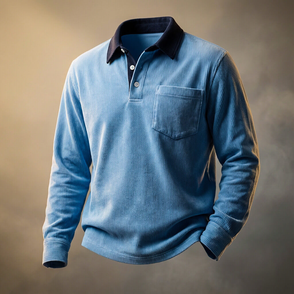 Walter Men's Ribbed Cotton Long Sleeve Polo Shirt 1