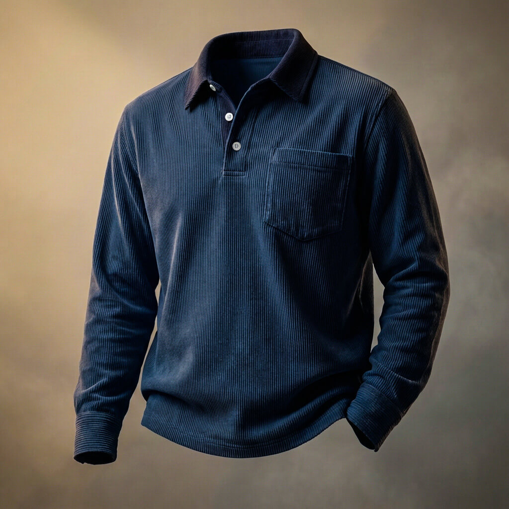 Walter Men's Ribbed Cotton Long Sleeve Polo Shirt 2