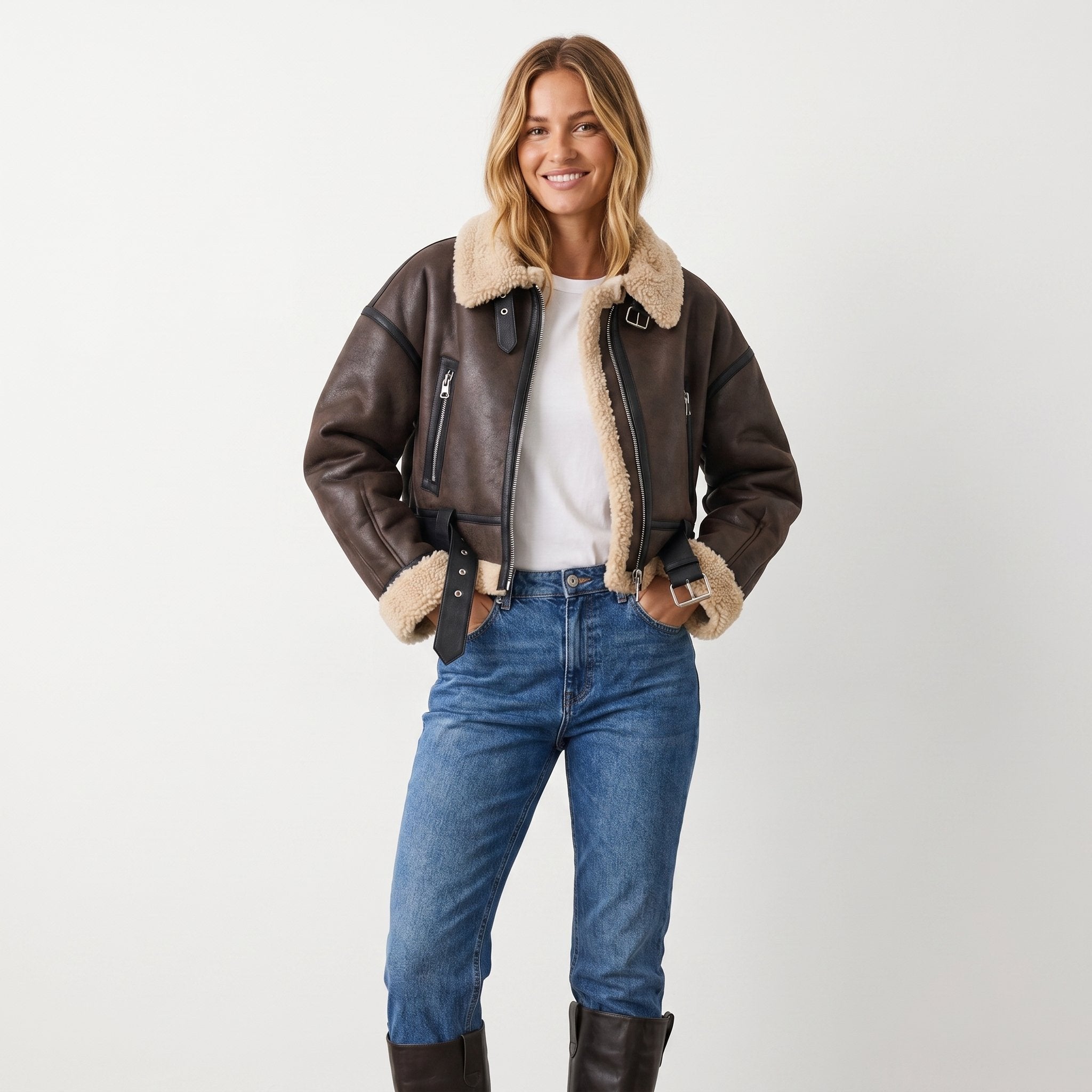 Women's Cropped Faux Leather Aviator Jacket