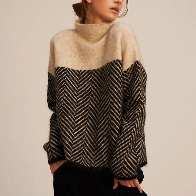 Women's Oversized Herringbone Turtleneck Sweater - Beige