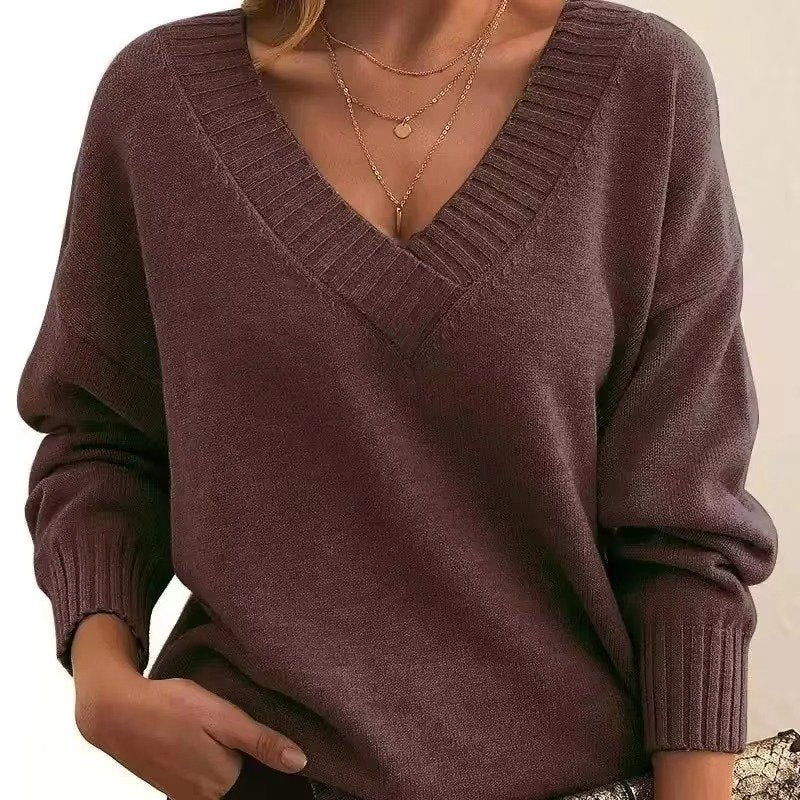 Women's Oversized V-Neck Knit Sweater - Coffee