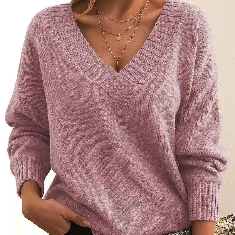 Women's Oversized V-Neck Knit Sweater - Pink