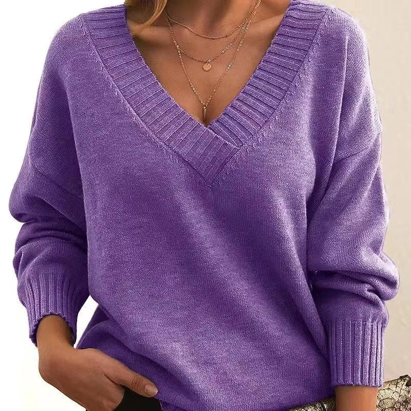Women's Oversized V-Neck Knit Sweater - Purple