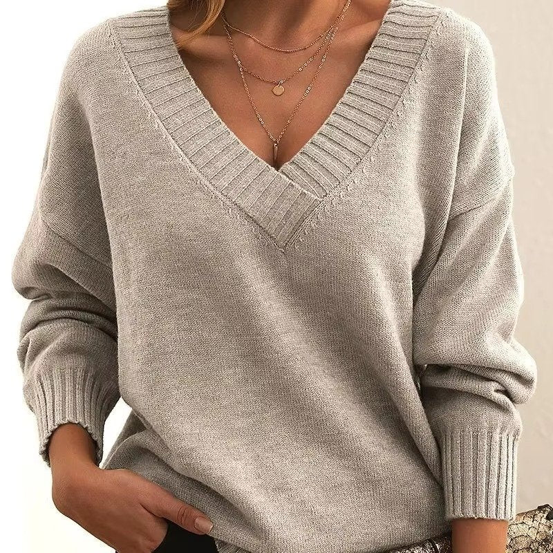 Women's Oversized V-Neck Knit Sweater - Apricot