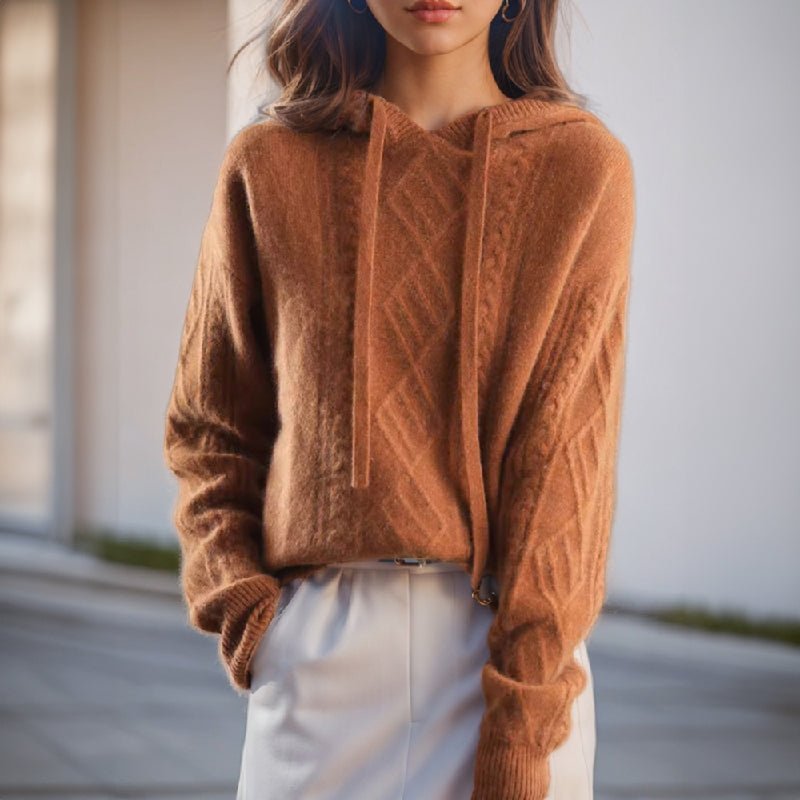 Women's Oversized Cable Knit Hoodie - Brown