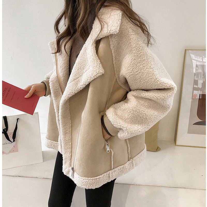 Women's Oversized Suede Moto Jacket - Beige
