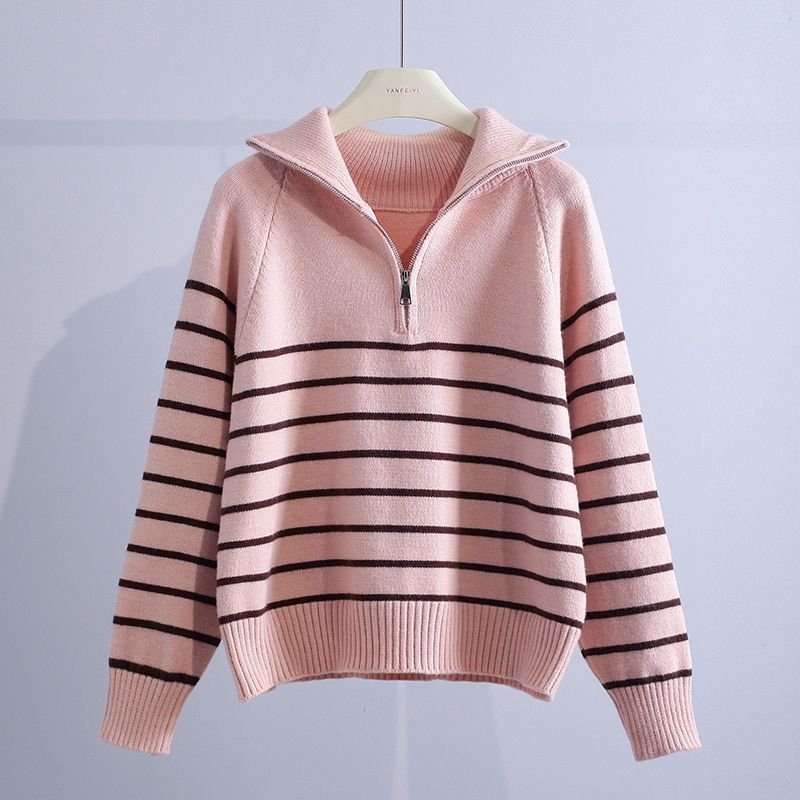 Women's Striped Quarter-Zip Wool Sweater - Pink