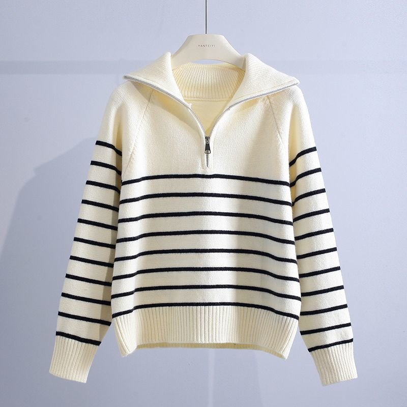 Women's Striped Quarter-Zip Wool Sweater - White