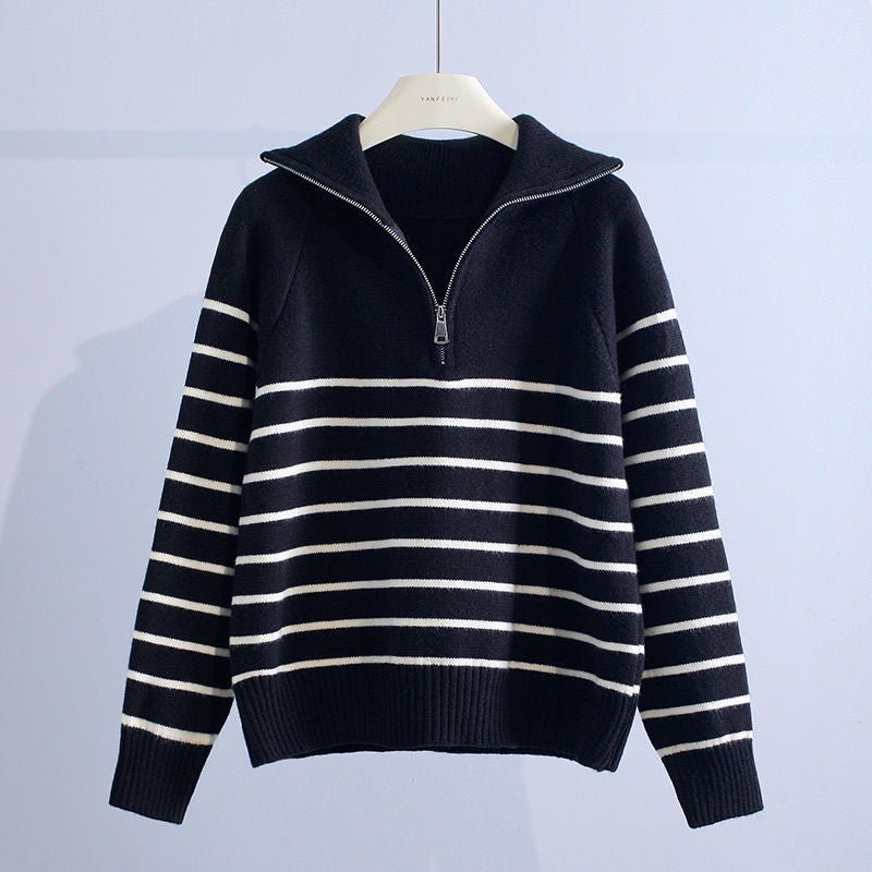 Women's Striped Quarter-Zip Wool Sweater - Black