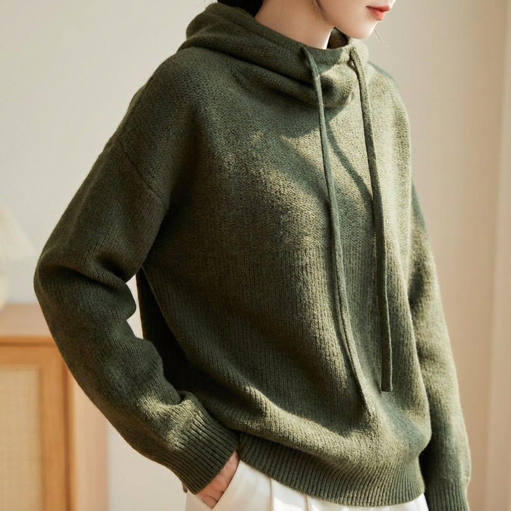 Women's Wool Blend Hooded Sweater - Olive