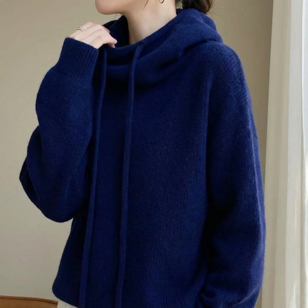 Women's Wool Blend Hooded Sweater - Navy