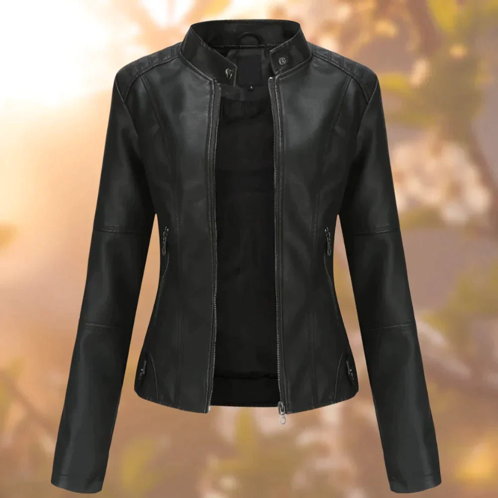 Women's Cropped Faux Leather Moto Jacket - Black