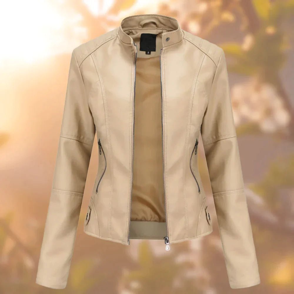 Women's Cropped Faux Leather Moto Jacket - Beige