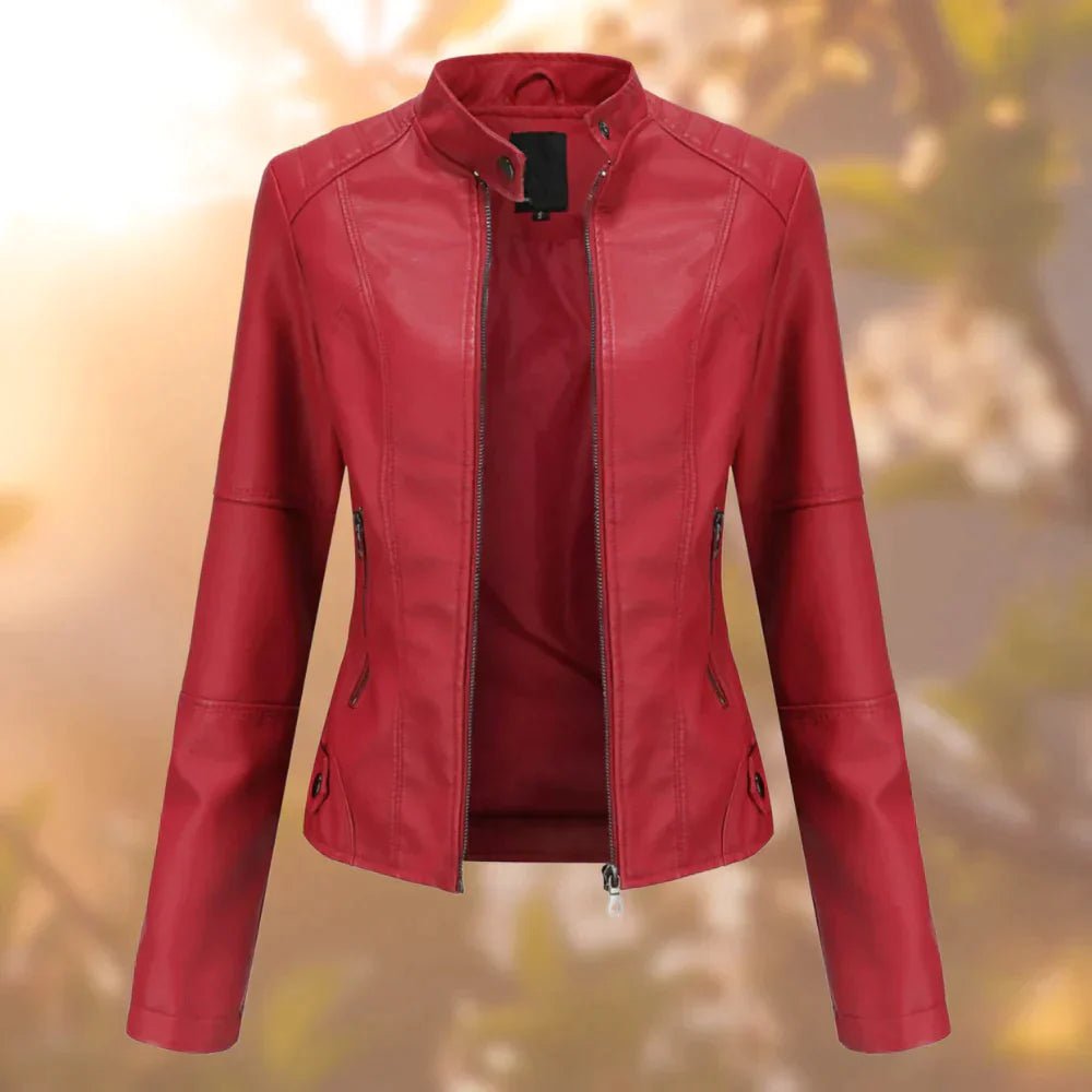 Women's Cropped Faux Leather Moto Jacket - Red