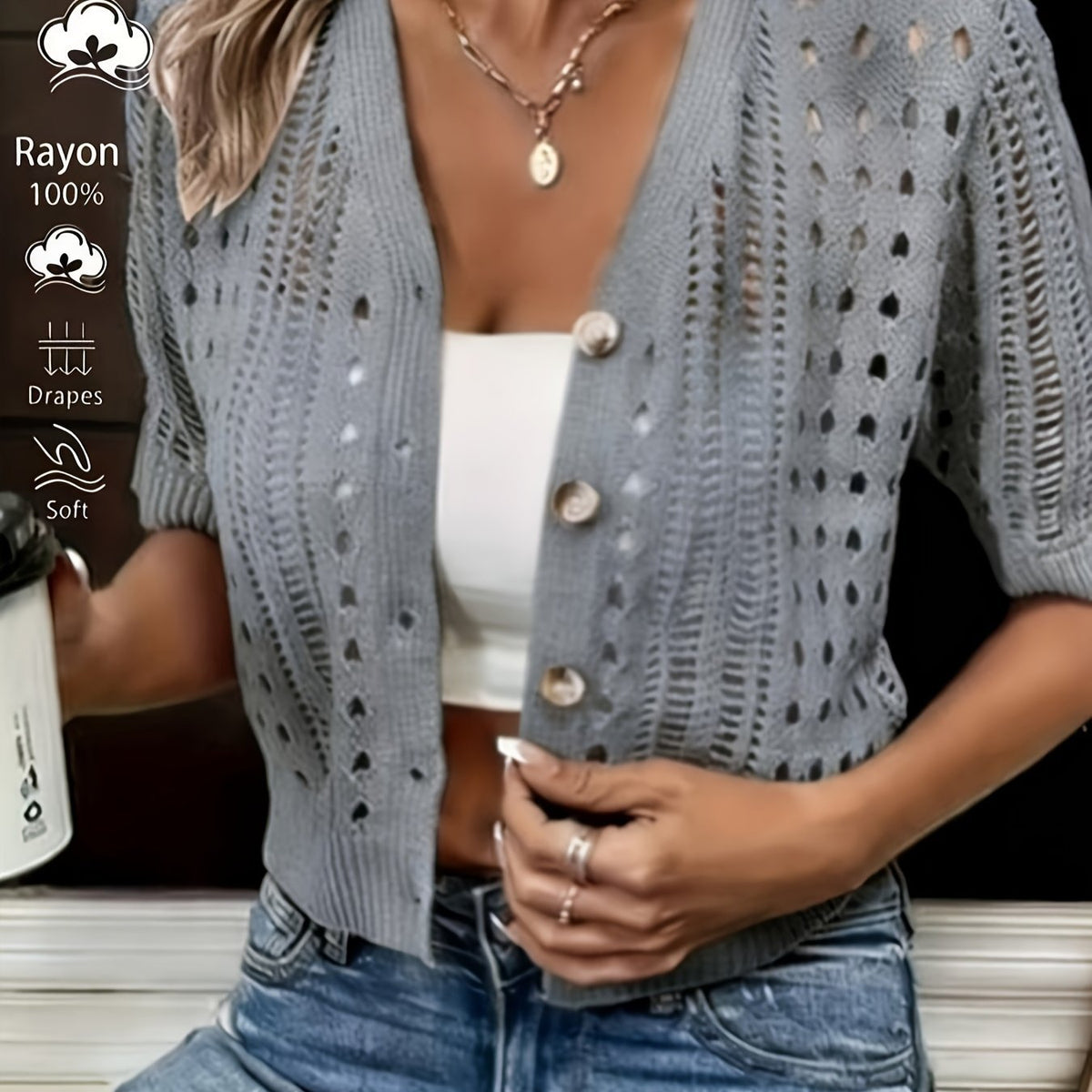 Women's Cropped V-Neck Knit Cardigan - Deep Grey