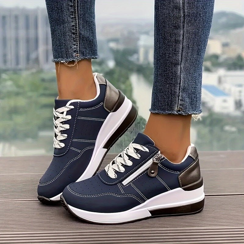 Women's Faux Leather Wedge Sneakers - Blue