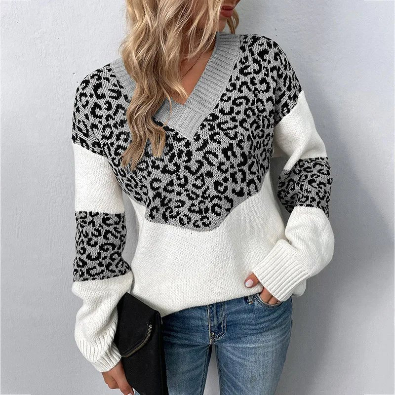 Women's Leopard Print V-Neck Sweater - Grey