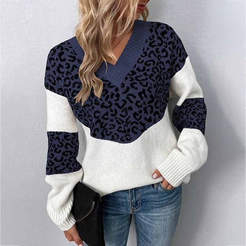 Women's Leopard Print V-Neck Sweater - Dark Blue