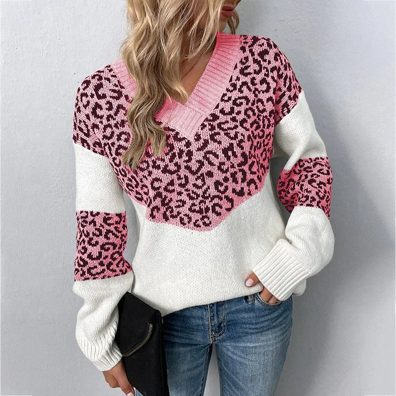 Women's Leopard Print V-Neck Sweater - Pink