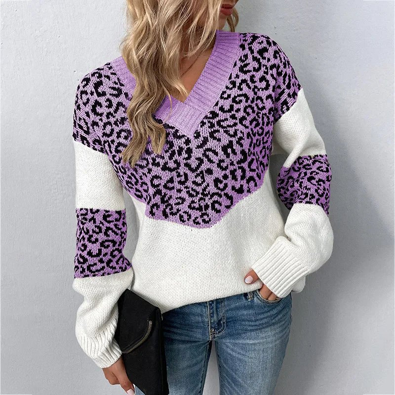 Women's Leopard Print V-Neck Sweater - Purple