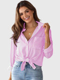 Women's Long Sleeve Striped Tie-Front Shirt - Pink