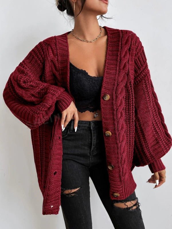 Women's Oversized Cable Knit V-Neck Cardigan - Red