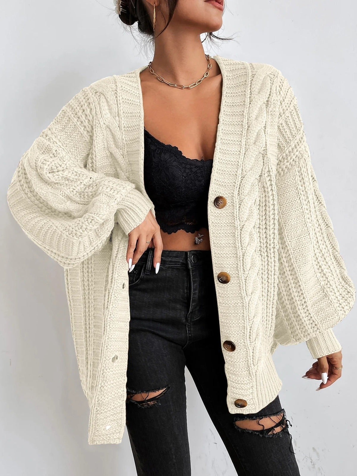 Women's Oversized Cable Knit V-Neck Cardigan - Beige