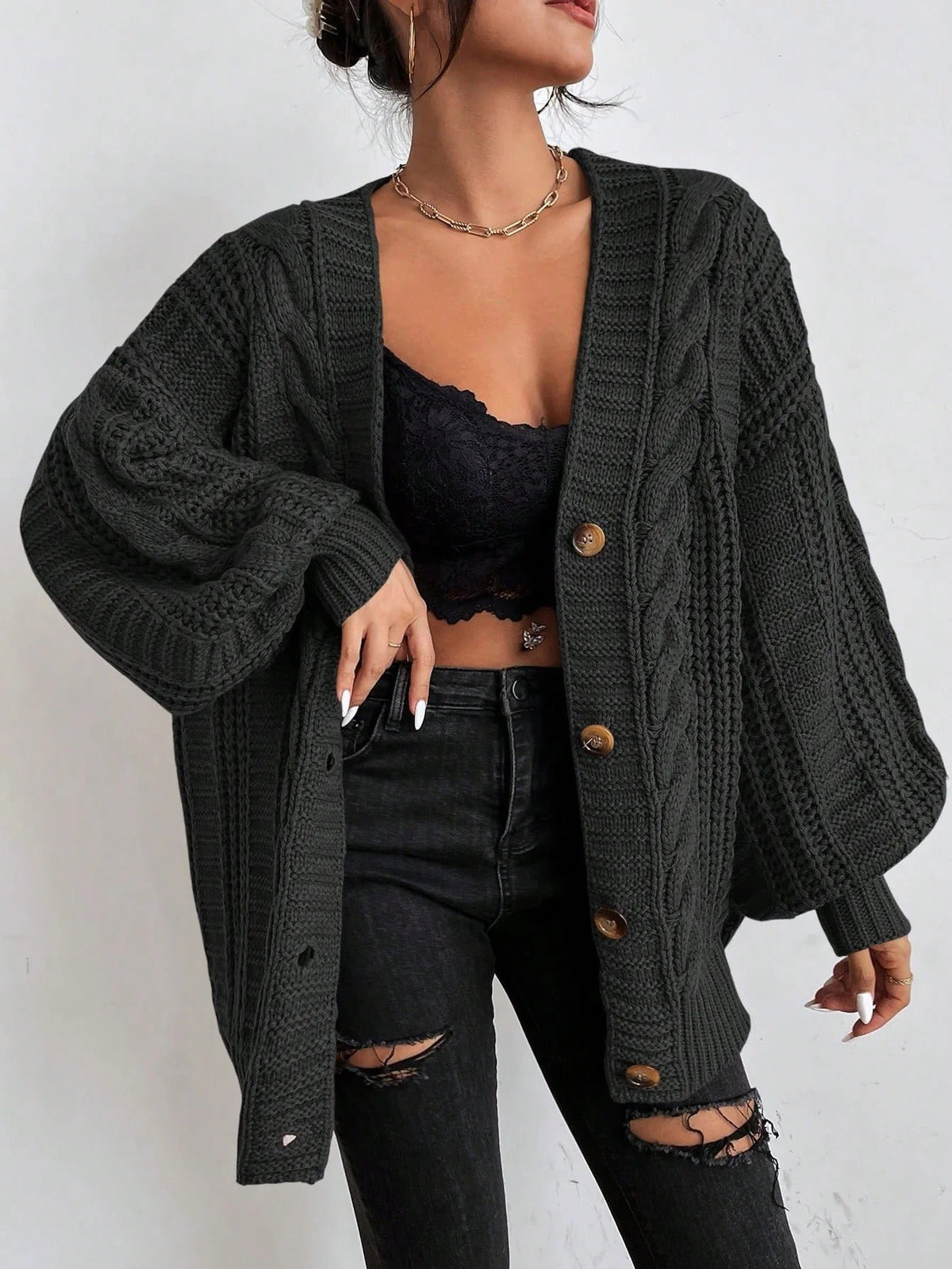 Women's Oversized Cable Knit V-Neck Cardigan - Black
