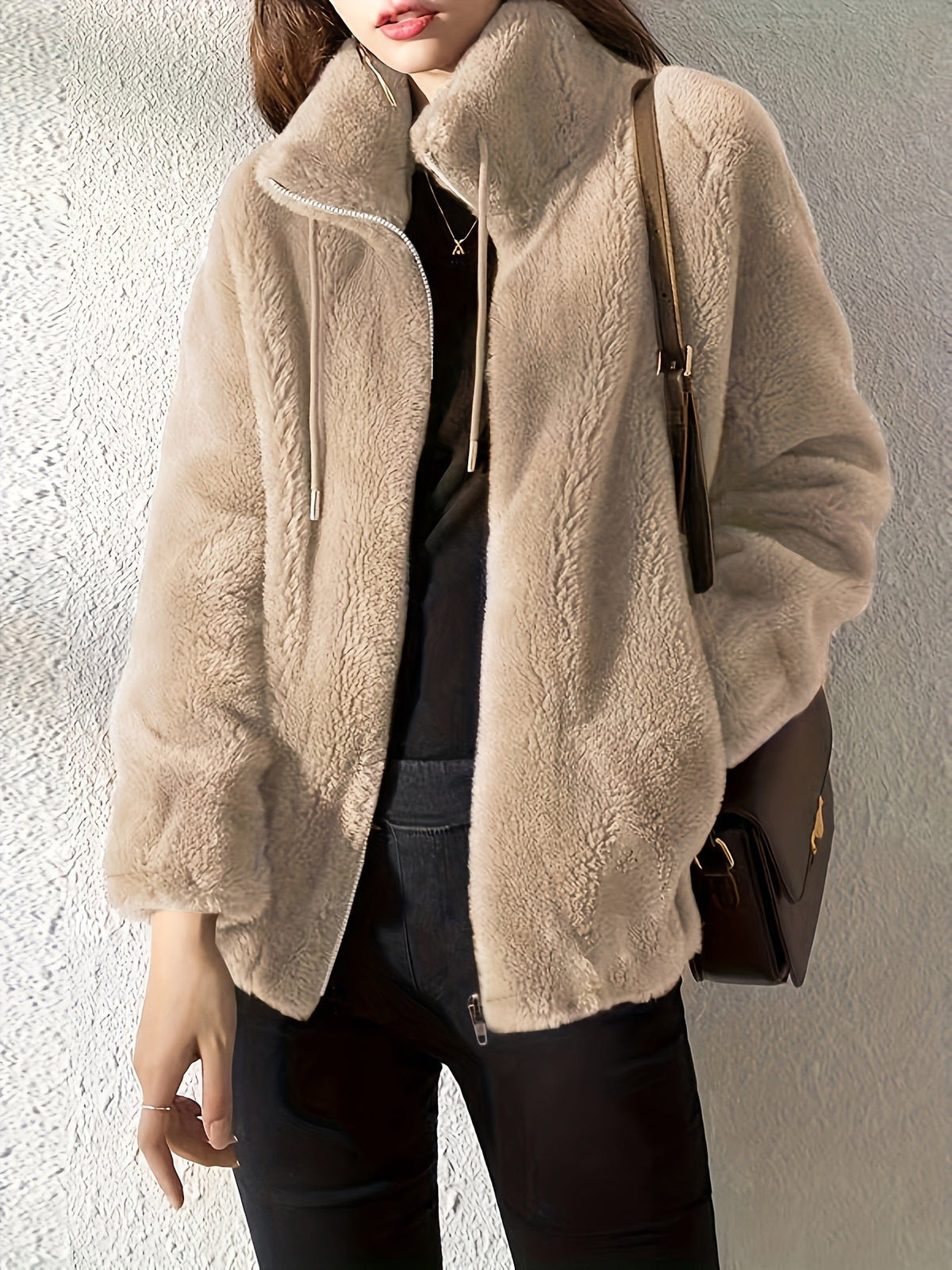 Women's Oversized Faux Fur Jacket - Khaki