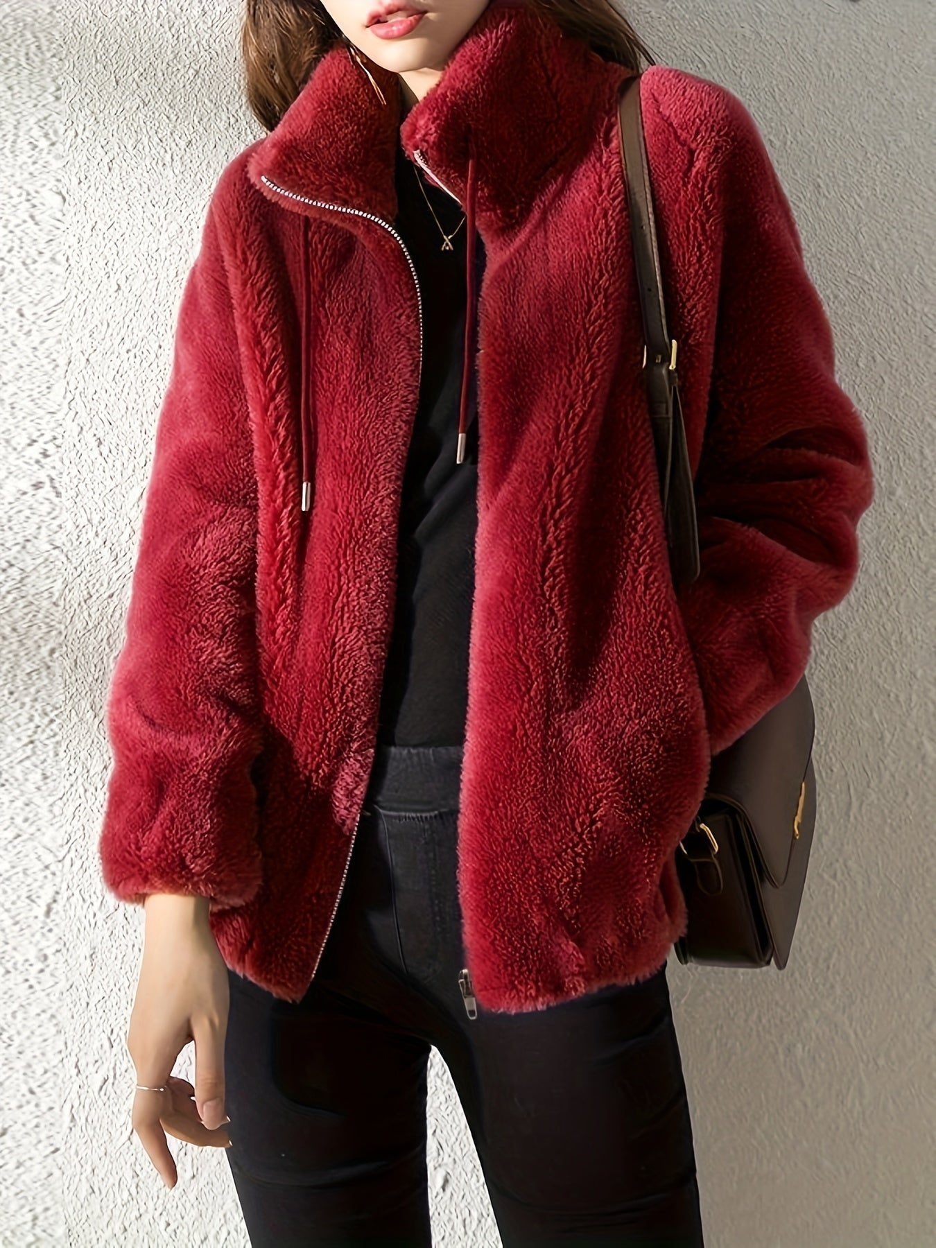Women's Oversized Faux Fur Jacket - Red