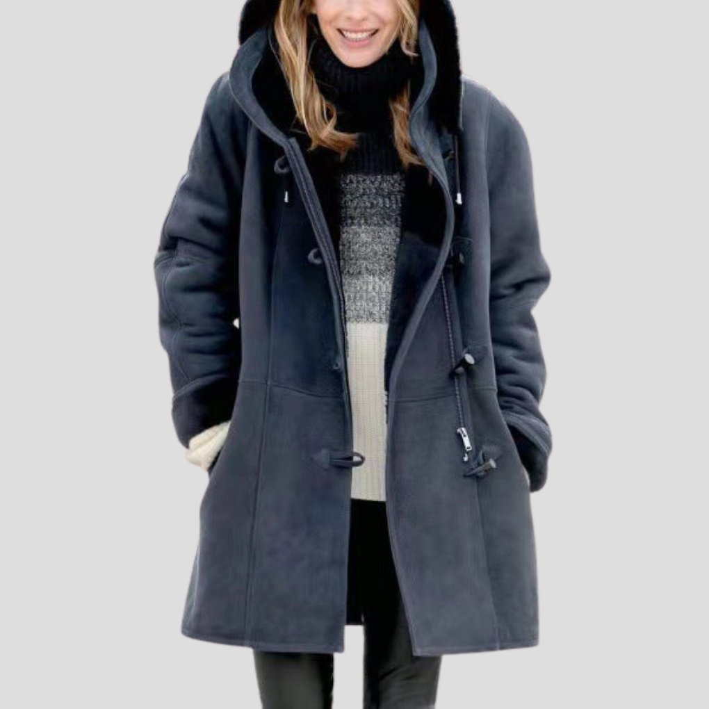 Women's Oversized Suede Duffle Faux Fur Coat - Dark Gray