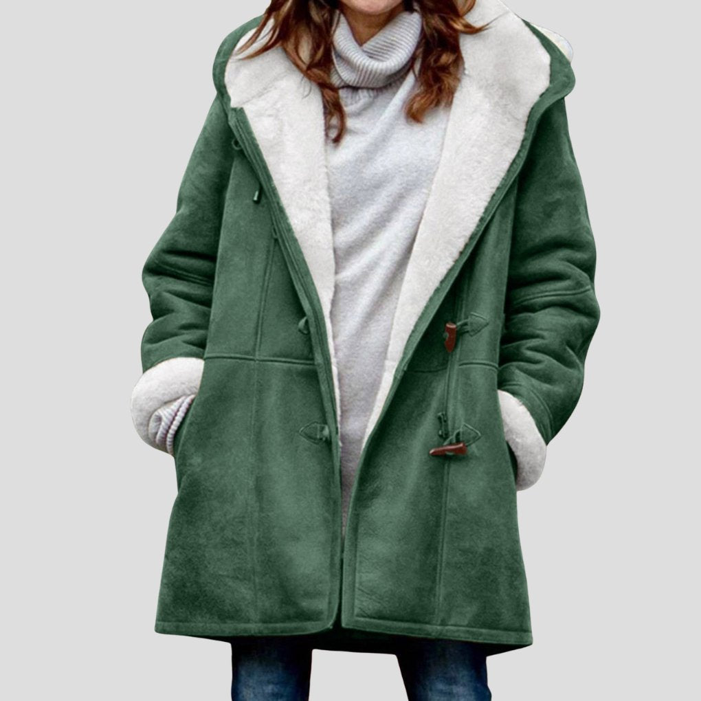 Women's Oversized Suede Duffle Faux Fur Coat - Green