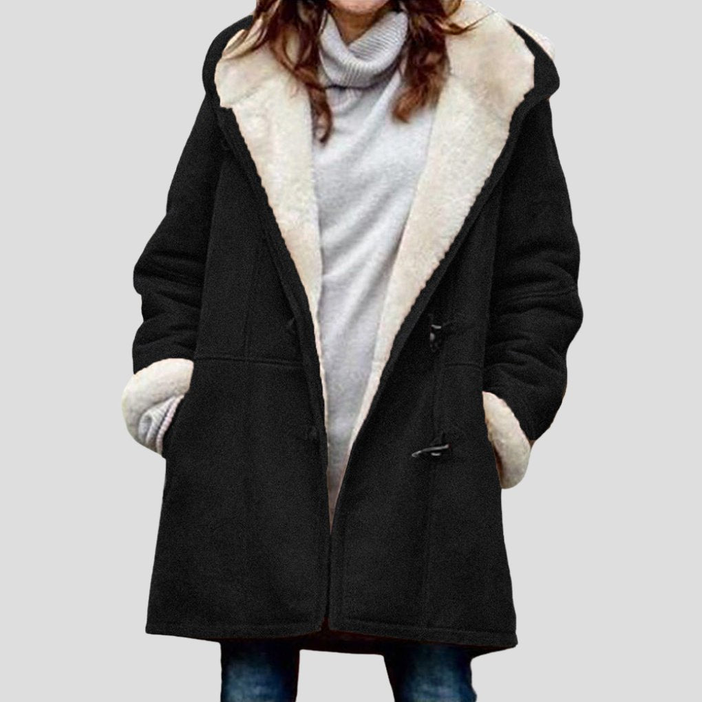 Women's Oversized Suede Duffle Faux Fur Coat - Black