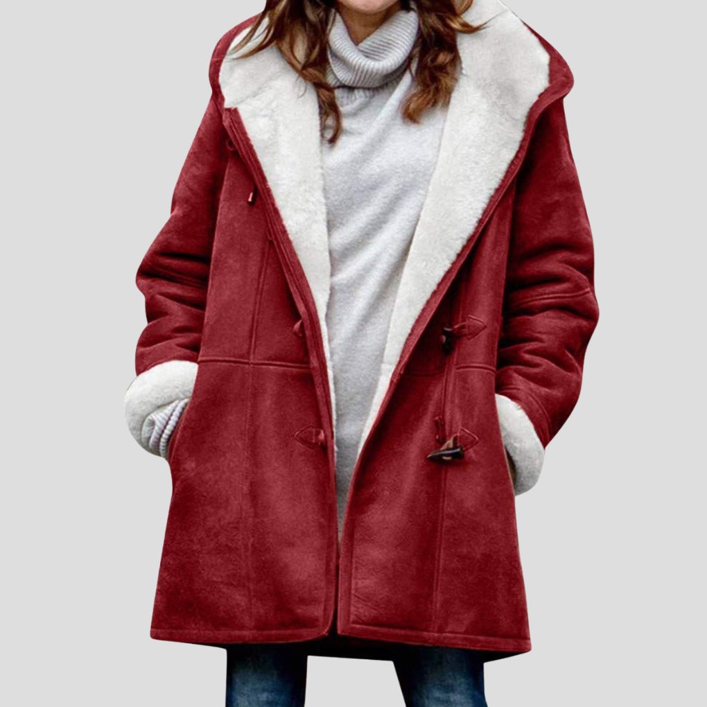 Women's Oversized Suede Duffle Faux Fur Coat - Red