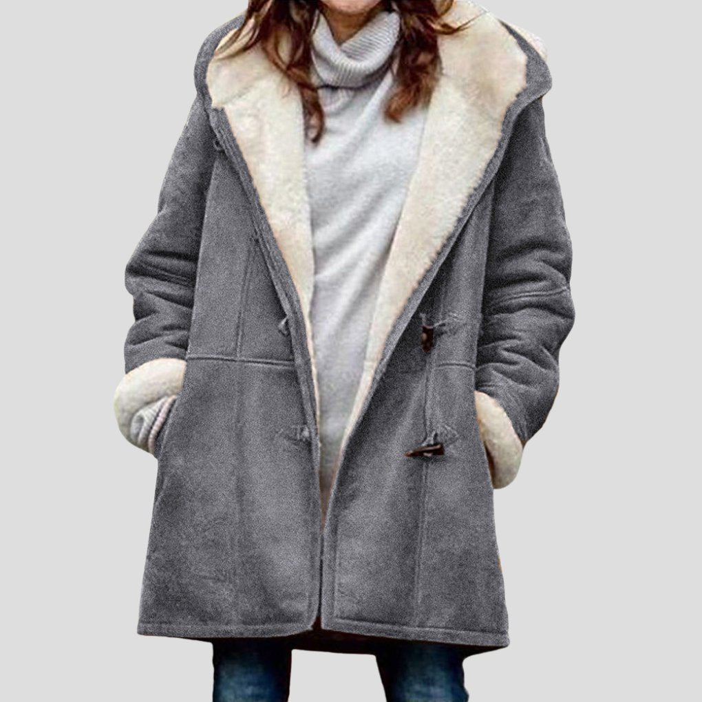 Women's Oversized Suede Duffle Faux Fur Coat - Gray