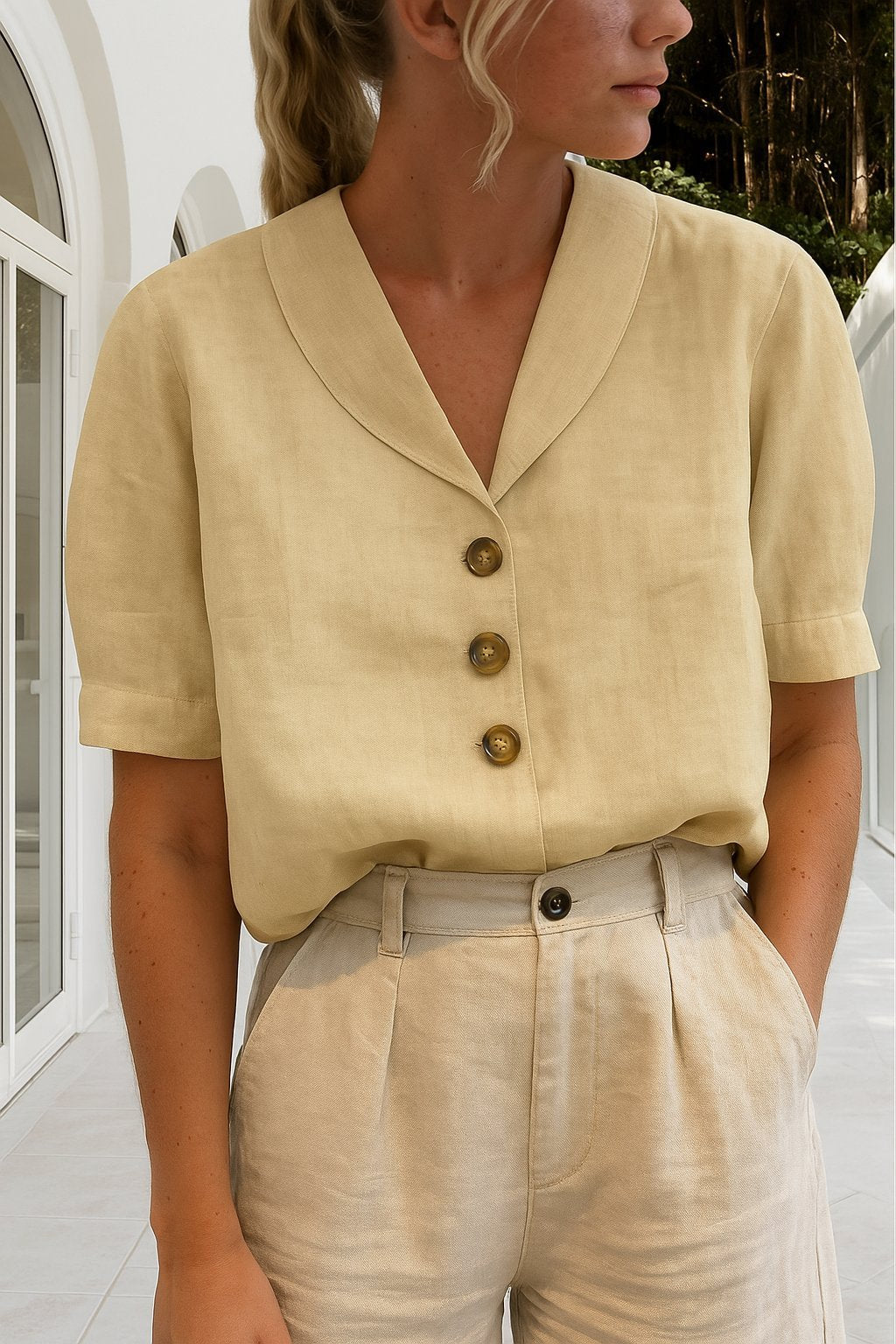 Women's V-Neck Blouse - Beige