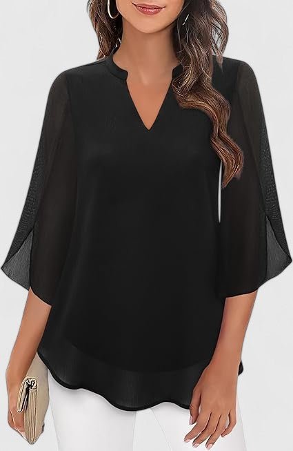 Women's V-Neck Chiffon Blouse - Black