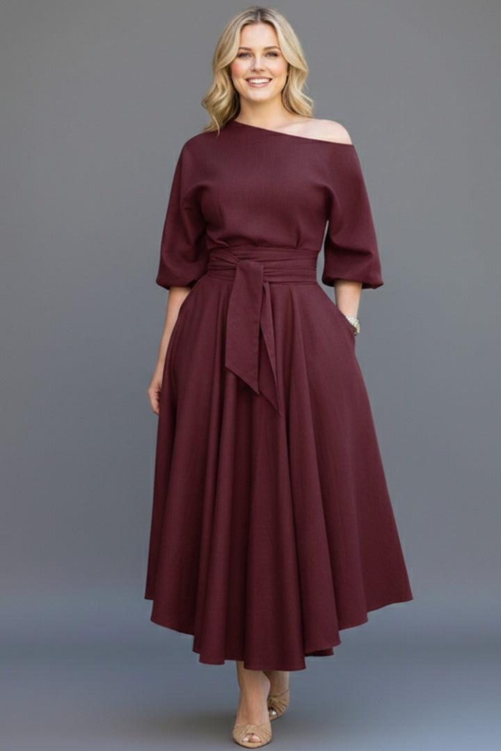 Off Shoulder A Line Midi Dress - Burgundy