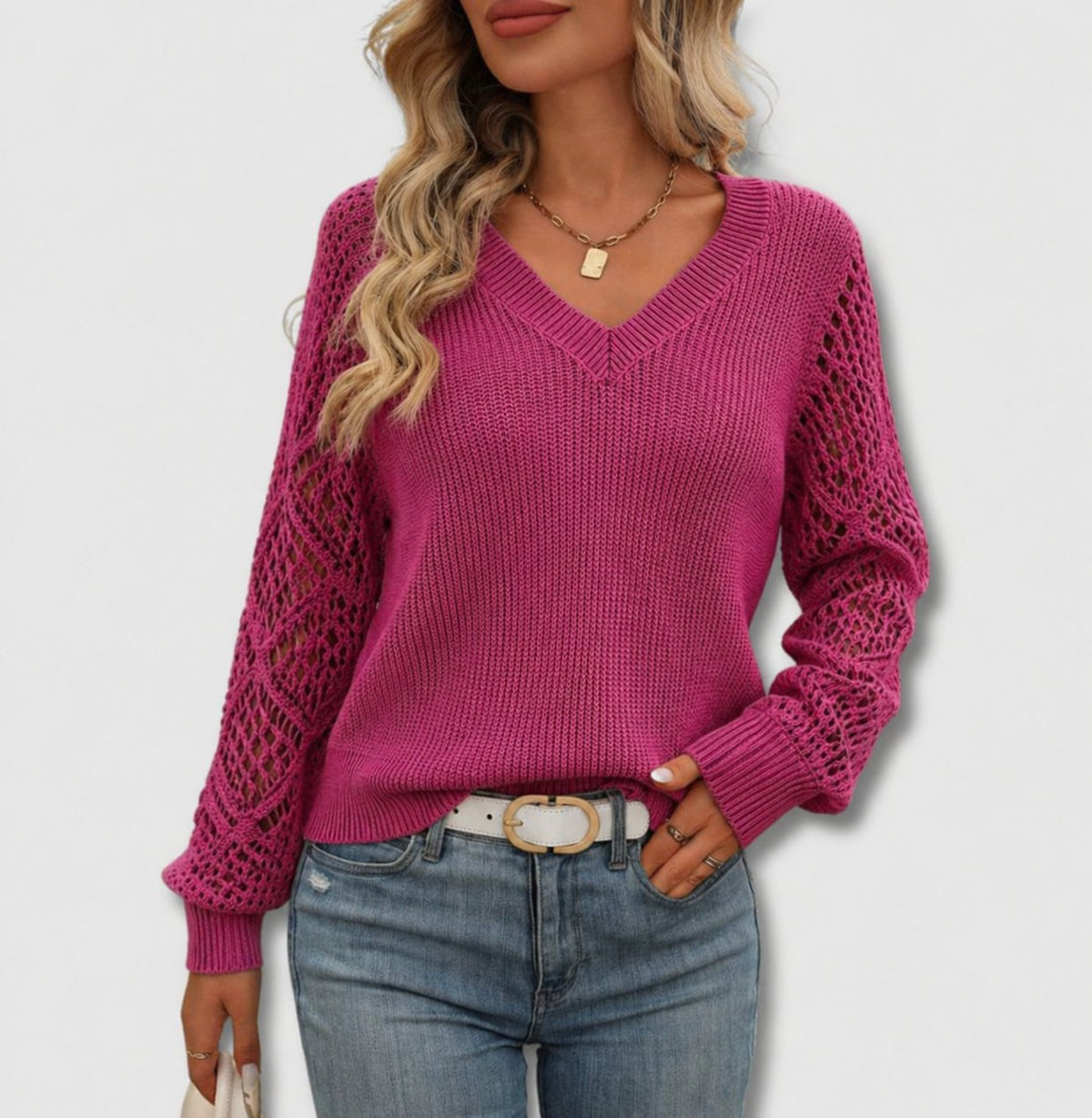 Women's Crochet-Sleeve V-Neck Sweater - Pink