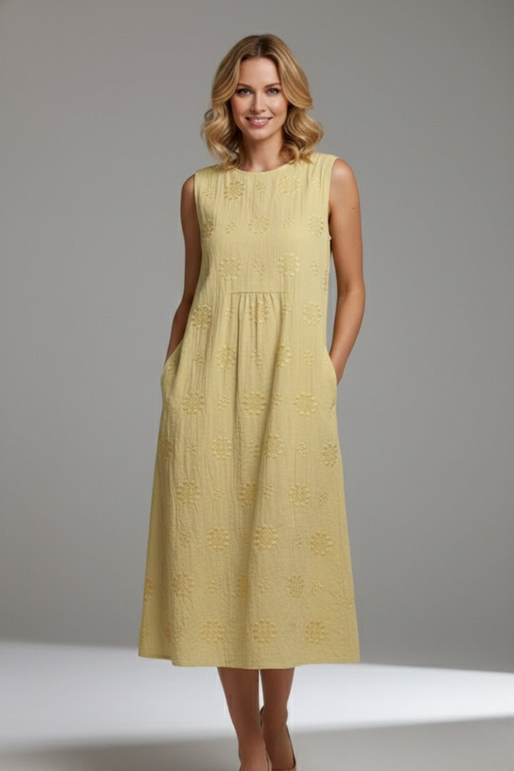 Sleeveless A Line Midi Dress - Light Yellow
