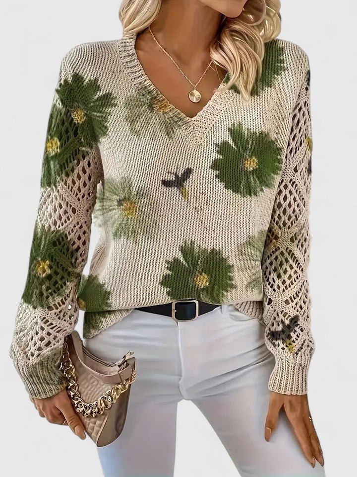 Women's Floral V-Neck Sweater - Green