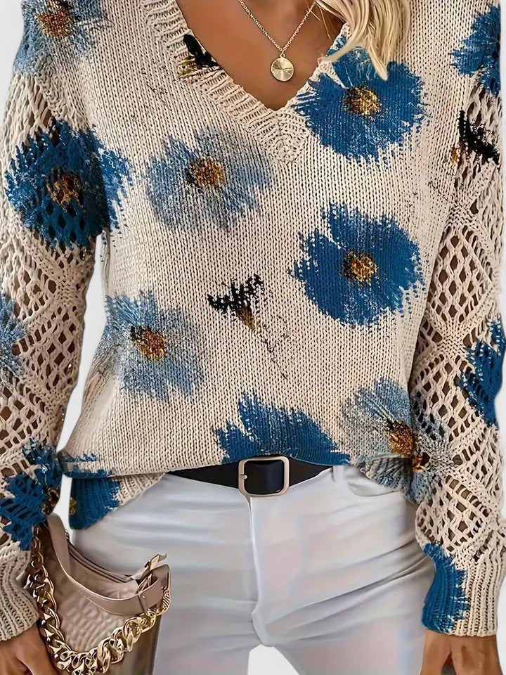 Women's Floral V-Neck Sweater - Blue