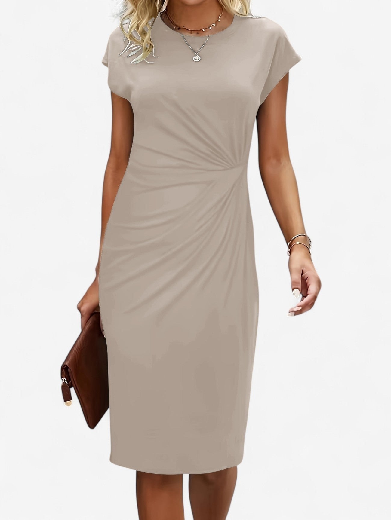 Ruched Bodycon Midi Dress - Beige