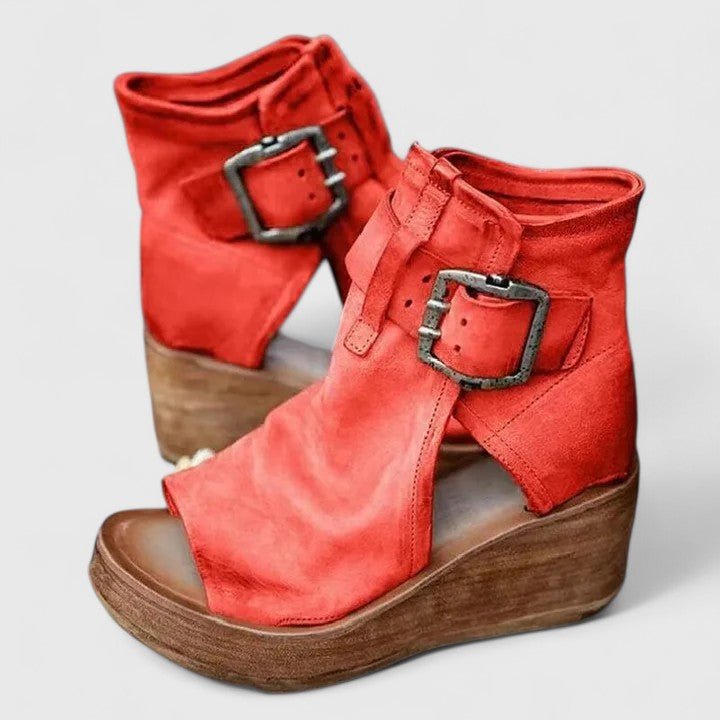 Women's Leather Wedge Booties - Red