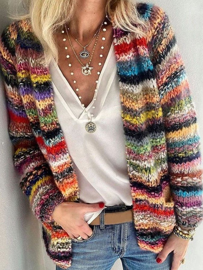 Women's Striped Wool Cardigan - Mixed Color