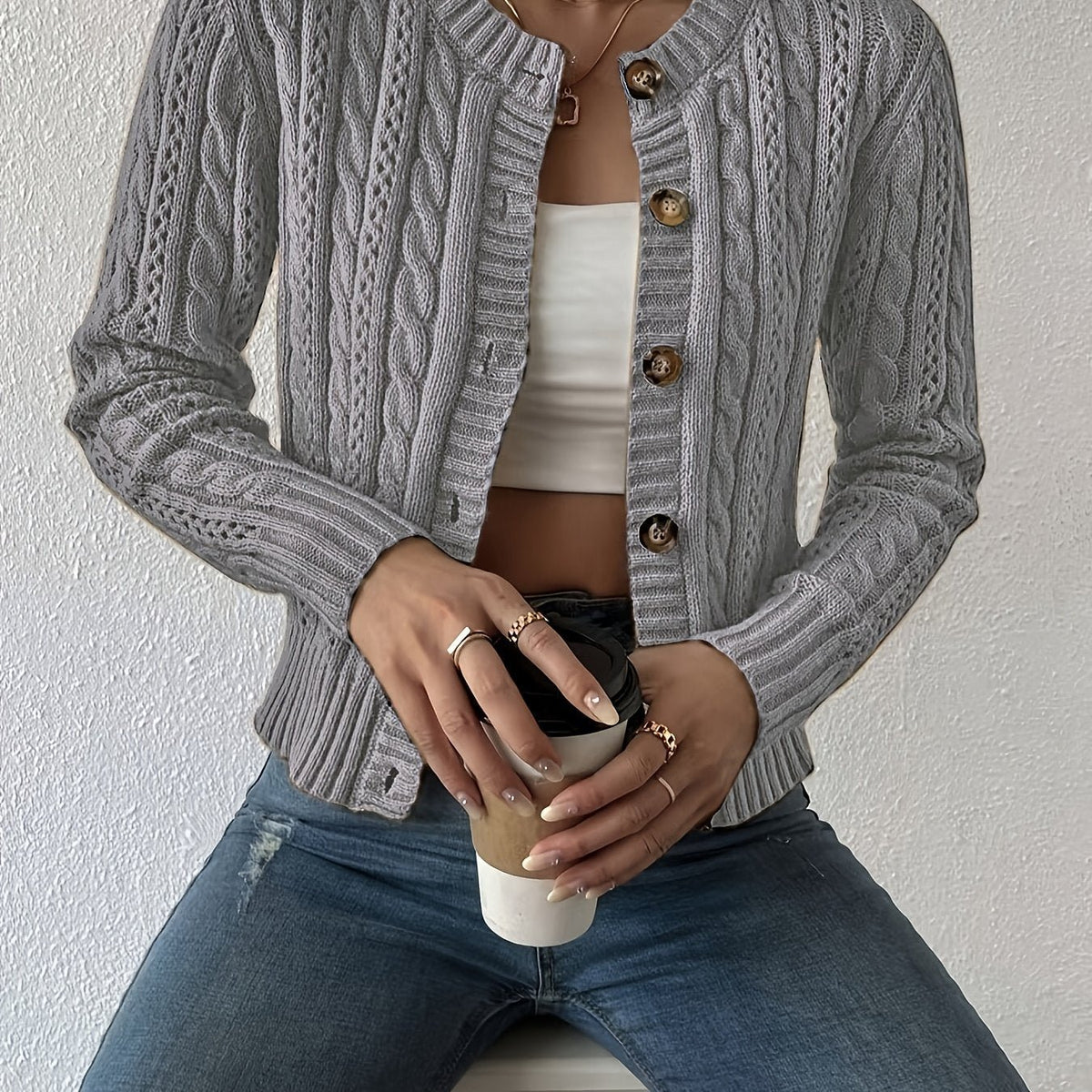 Women's Cable-Knit Cropped Cardigan - Slate Grey
