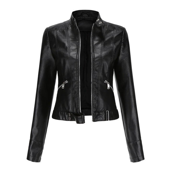 Women's Cropped Faux Leather Moto Jacket - Black