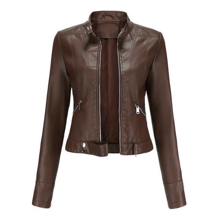 Women's Cropped Faux Leather Moto Jacket - Coffee